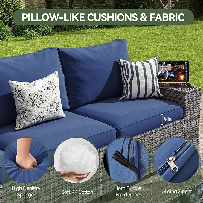Aoxun Outdoor Patio Furniture Set with 44'' Fire Pit Table, 7 Pcs Outdoor Patio Furniture Sets with 4in Thicken Cushion, Widen Armrests Wicker Outdoor Sectional for Backyard, Navy Blue