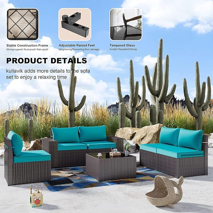 Kullavik 13PCS Outdoor Patio Furniture Set with 43" 55000BTU Gas Propane Fire Pit Table PE Wicker Rattan Sectional Sofa Patio Conversation Sets,Blue