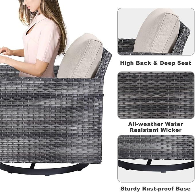 Belord 7 PCS Outdoor Furniture Set, Mixed Grey Wicker, Beige Cushion, Includes Swivel Rocker Chairs, Sofa, Ottomans, Water-Resistant