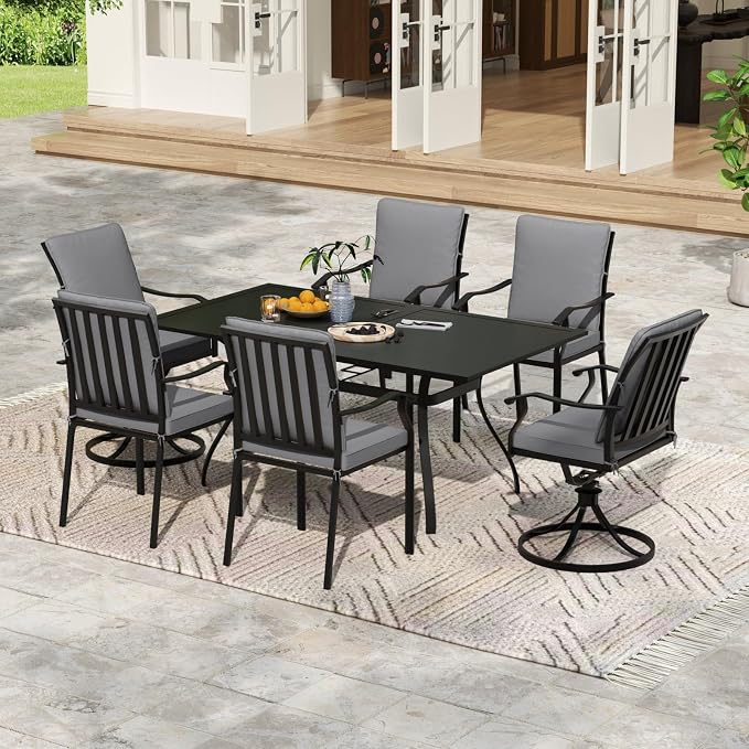 7 Piece Outdoor Patio Dining Set, 62’’ Rectangular Metal Dining Table & 4pcs Metal Dining Chairs & 2pcs Swivel Rocking Chairs , Outdoor Furniture Dining Set for Patio, Balcony, Lawn, Garden, Backyard