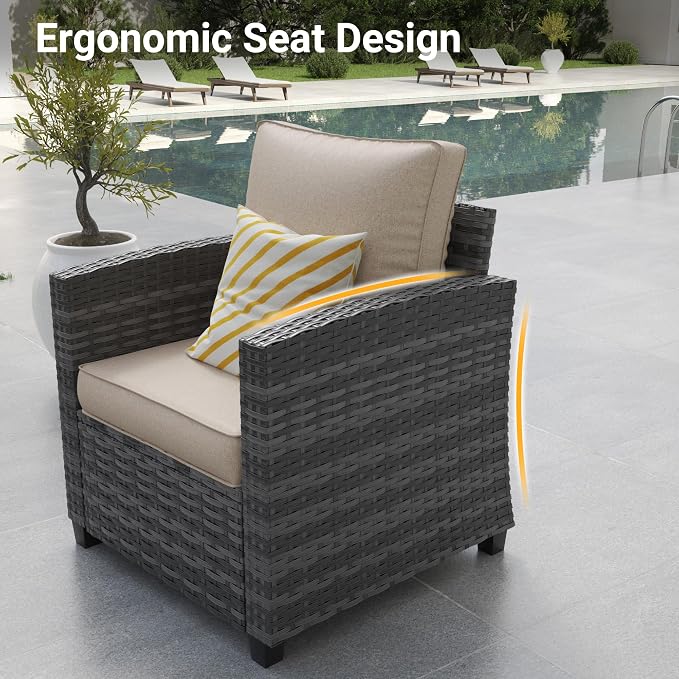 Outdoor Furniture Set, 5 Pcs Wicker Patio Couch with Chairs, Ottomans and Thick Cushions, All Weather Wicker Rattan Patio Conversation Set,Khaki