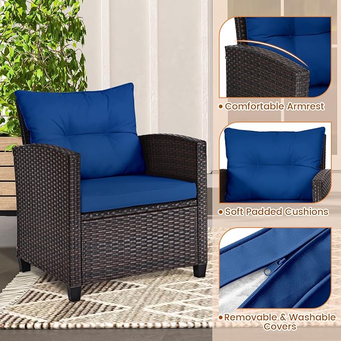 3-Pieces Patio Furniture Set, PE Wicker Chairs Sofa Set with Removable Cushions & Glass Top Side Table, Outdoor Wicker Rattan Conversation Chair for Porch,Backyard, Balcony (Navy Blue)