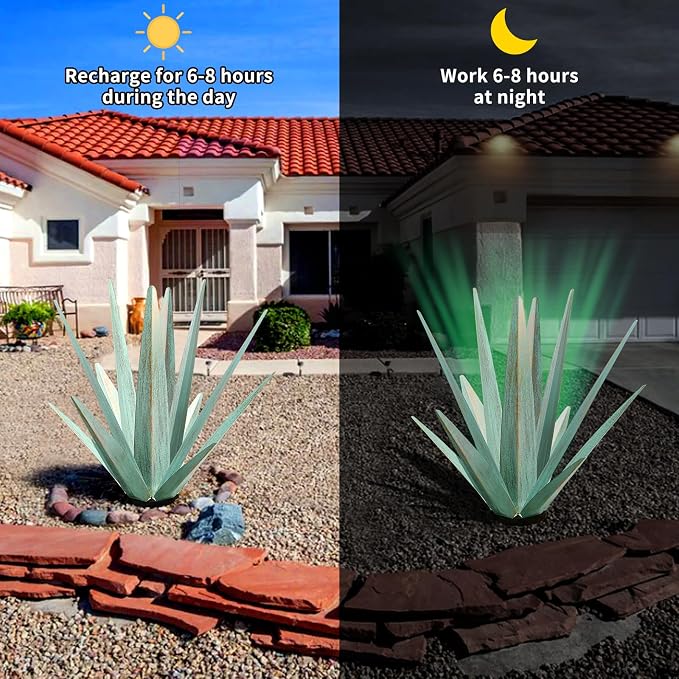 KODIBO Large Metal Agave Plant Outdoor Decor with Solar Light, Mint Green | Artificial Plant with Solar Light, Outdoor-Resistant Metal, Hand-Painted Finish, Tequila Rustic Sculpture, Garden Yard Statue