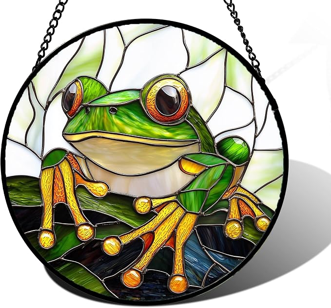 DASTOLL Stained Glass Window Hanging, Green Frog White Petals Sun Catchers Colorful Glass Panel Cute Suncatcher Decor for Birthday for Women, Men, Wife, Aunt, and Mom 7.8 in