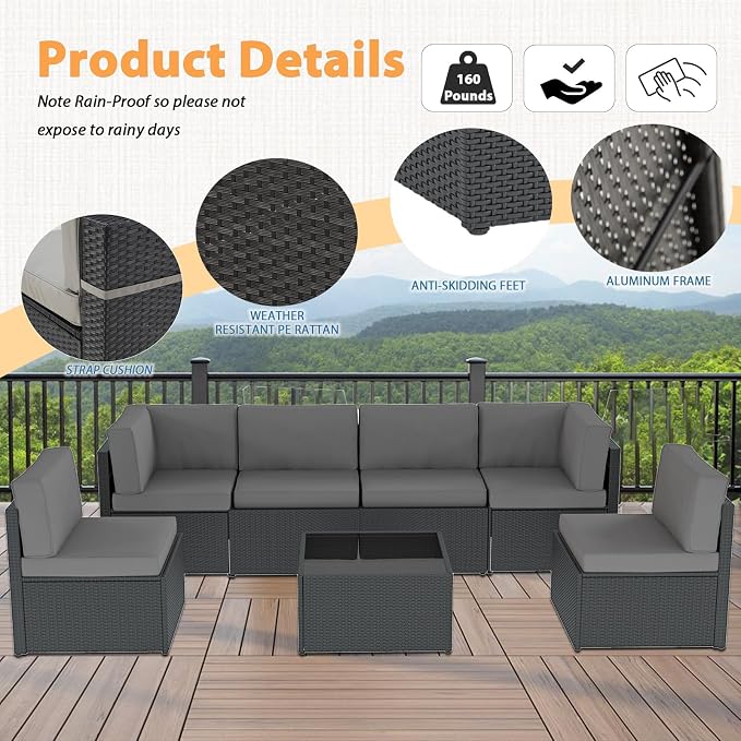 AECOJOY 7 Piece Outdoor Patio Furniture Set, Outdoor Sectional Conversation Furniture Chair with Coffee Table,Patio Sectional for Garden,Backyard(Grey Cushions and Black PE Rattan)