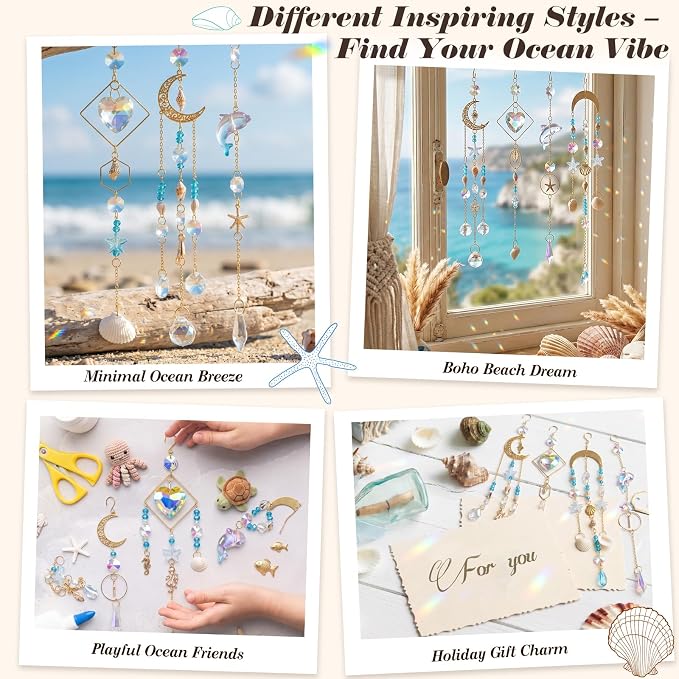 408 Pcs DIY Ocean Suncatchers Kit for Adults – Crystal Suncatchers Rainbow Maker with Genuine Natural Seashells, Art and Crafts for Adults, Hanging Window Decor for Home, Parties & Weddings