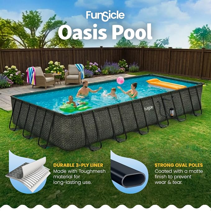 Funsicle Oasis Designer Lap 24' x 12'x 52" Rectangular Above Ground Swimming Pool, with FiltraBoost 1200 GPH Filter Pump, Ladder, Maintenance Kit, Cover, Ground Cloth & Repair Patch, Dark Herringbone