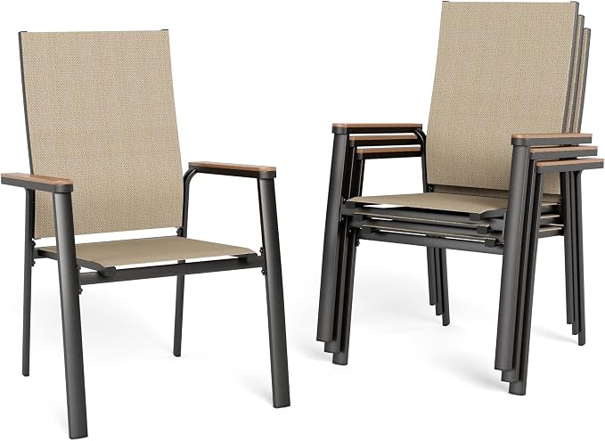 Sophia & William Patio Dining Chairs Set of 4, Stackable Aluminuum Frame | Beige textilene, Weather-resistant, light-weight & space-saving, Breathable & quick-drying, Outdoor deck backyard porch