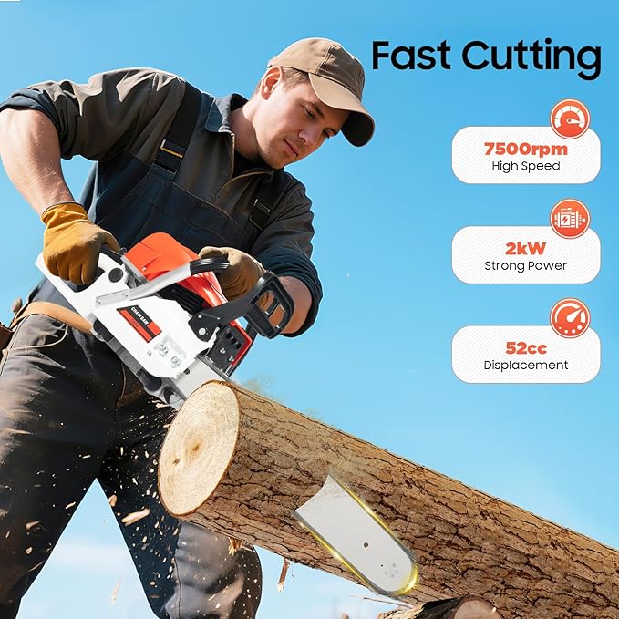 20 Inch Gas Chainsaw, 52CC Single Cylinder Air-cooled 2 Stroke Engine Gasoline Chainsaw, 2000W Portable Hand Pull Start Chain Saw for Cutting Wood Tree Trimming, 7500rpm