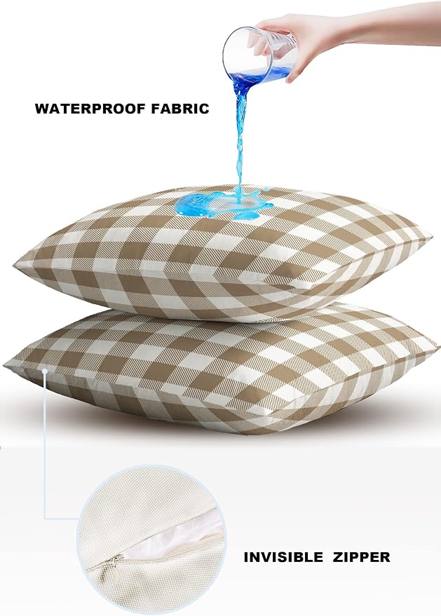Outdoor Waterproof Throw Pillow Covers Set of 2 Light Brown Buffalo Check Plaid Pillowcases 20x20 Inches Farmhouse Style Patio Decorative Pillows Cushion Case Patio Pillows for Couch Bed Chair Garden