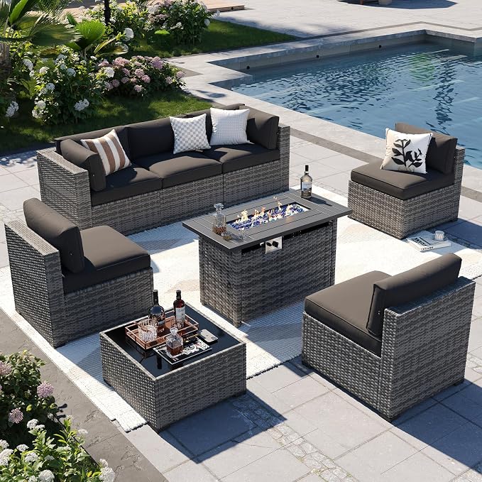 Aoxun Patio Furniture Sets, 8-Piece Outdoor Patio Furniture with 44'' Propane Gas Firepit Table, Wicker Outdoor Conversation Set Sectional Sofa for Backyard, Poolside, Garden