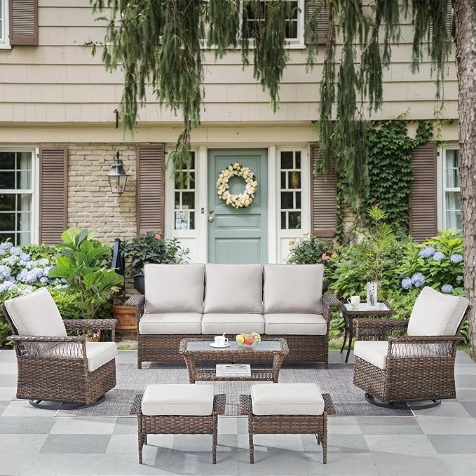Patio Furniture Set Wicker Swivel Glider Chairs PE Rattan Sofa Ottomans with Beige Cushions Patio Coffee Table and Side Table Brown Wicker Patio Conversation Set 7pcs for Patio
