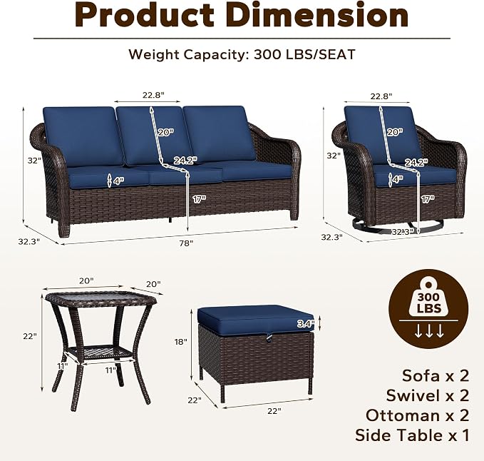 8 Piece Patio Wicker Conversation Set, All-Weather Use Outdoor Wicker Sofa with 2 PE Rattan Ottomans,4 Swivel Chair, 1 Side Table, Ideal for Porch, Backyard, Balcony, Poolside, Blue