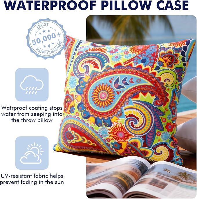 2 Pack Waterproof Outdoor Pillows, 18x18 Outdoor Throw Pillows | Patio Furniture Pillows, Fluffy Decorative Pillows, Waterproof &Fade Resistant, Removable & Washable, Paisley Colorful
