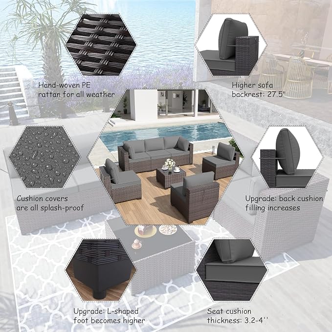 ALAULM 7 Pieces Patio Furniture Set Wicker Patio Conversation Set, Outdoor Sectional Furniture w/Coffee Table & Washable Seat Cushions-Grey