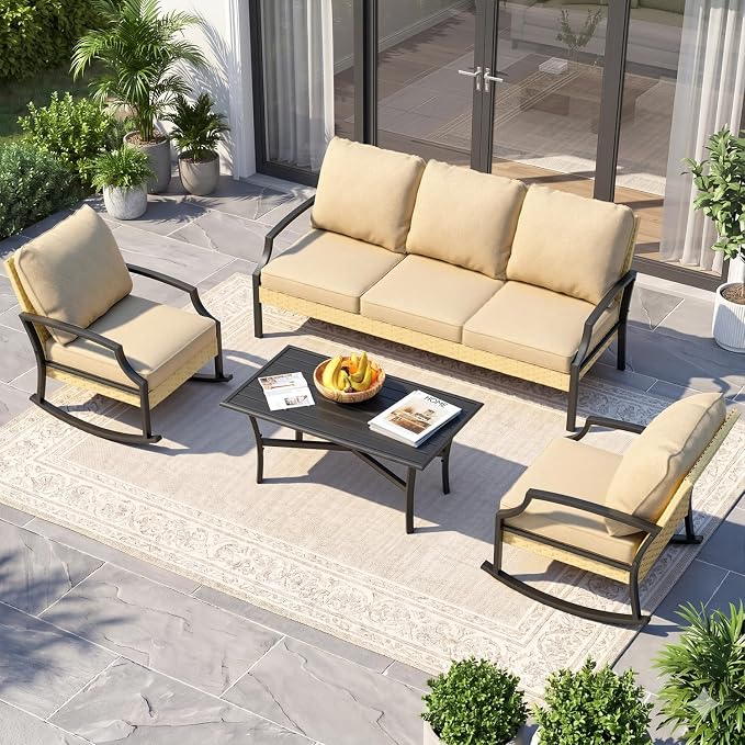 AECOJOY Patio Furniture Set, 4-Piece Wicker Rocking Conversation Set, Beige | 3mm Rust-Resistant Steel, 5-Inch Cushions, 2 Rocking Chairs and Coffee Table for Porch, Garden, Lawn and Backyard