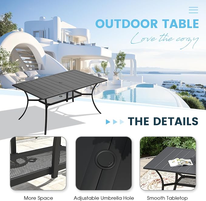 7 Pieces Patio Dining Set, 59" Rectangular Dining Table with Umbrella Hole, 6 Stackable Textilene Fabric Chairs, Metal Structure for Patio, Porch, Garden(Black Table, Blue Chair)