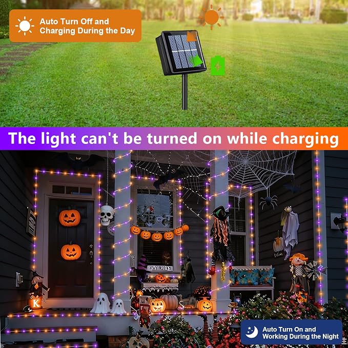 QITONG Orange and Purple Solar Halloween Lights, 66ft 200 LED Solar Rope Lights Outdoor Waterproof, 8 Modes Clear PVC Tube Light Outdoor Waterproof