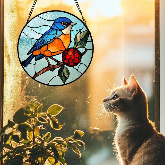 Stained Glass Window Hanging 4 Pcs Set Cardinal Blue Birds 6.3" - Suncatcher Door Garden Sun Catcher Decor Birthday Mother's Day for Bird Lovers Men Woman Nana Friend