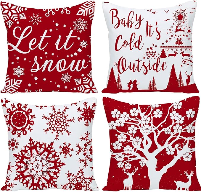 22x22 Christmas Pillow Covers Happy Winter Snowflakes Let It Snow Deer Soft Velvet Baby It's Cold Outside Decorative Throw Cushion Cases for Sofa Farmhouse Couch Square 22 Inch Set of 4