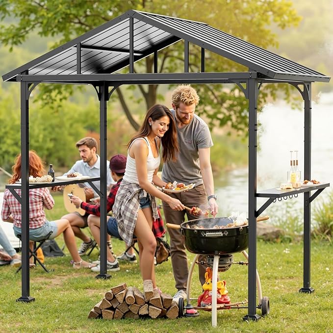 8' x 5' Hardtop Grill Gazebo,Outdoor BBQ Canopy Shelter with 2 Side Shelves and 5 Side Hooks,Patio Pavilion with Galvanized Steel Roof for Patio Lawn Backyard Garden