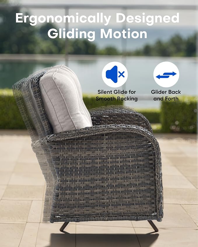 5 Pieces Patio Furniture Set-Outdoor Rocking Chairs Set of 2 Outdoor Glider Bench with Wicker Outdoor Coffee Table for Deck Lawn Porch Balcony Poolside-Brown/Beige