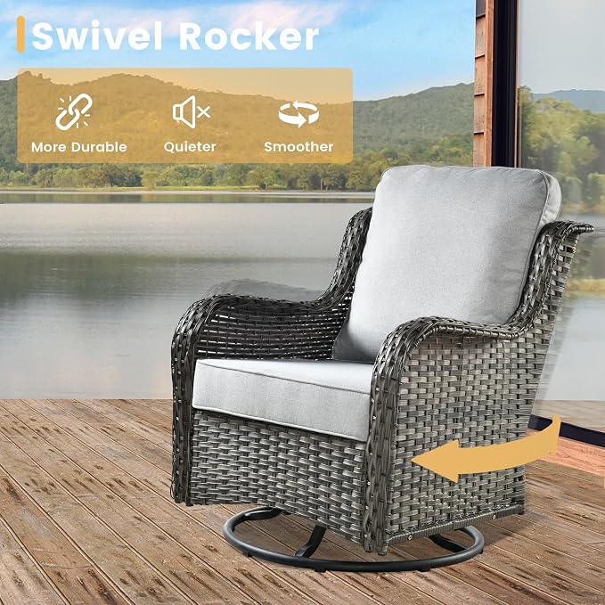 HOOOWOOO Patio Outdoor Sectional Furniture Sofa Set with Swivel Chairs,8 Pieces L Shaped Corner Wicker Rattan Couch Set with Glass Table,Modern 6 Persons Summer Patio Conversation Set(Grey)