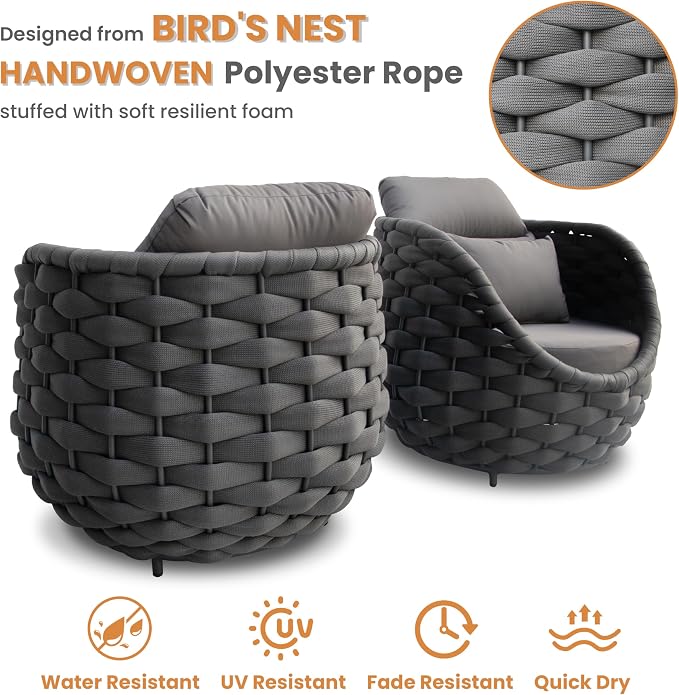 Lanai Outdoor Furniture Set: 6-Piece Aluminum Woven Rope Patio Conversation Set - Modern Cushions Sofa Set Assembled - Porch Seating Couch Set for Deck Yard Garden Pool Hotel Resort, Dark Grey