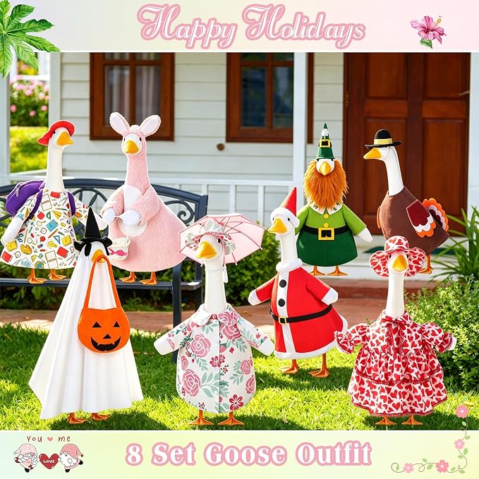 FuWeave 8 Set Holiday Porch Goose Outfits 23'' Goose Clothes Summer Fall Halloween Christmas Winter Thanksgiving Valentine St. Patrick Easter 4th of July Lawn Porch Geese Costume for Patio Yard Decor