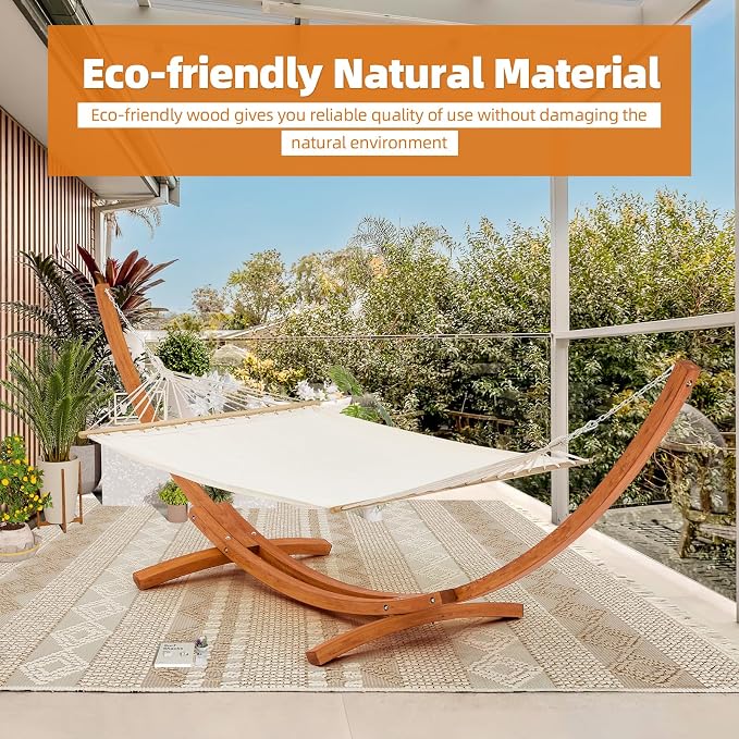 ECOTOUGE 14 FT Wooden Hammock with Stand, Outdoor Double Hammock with Wood Stand 2 Person Heavy Duty Hammock and Stand for Outside Backyard, Balcony, Porch, Patio, Garden, 550 lbs Capacity, White