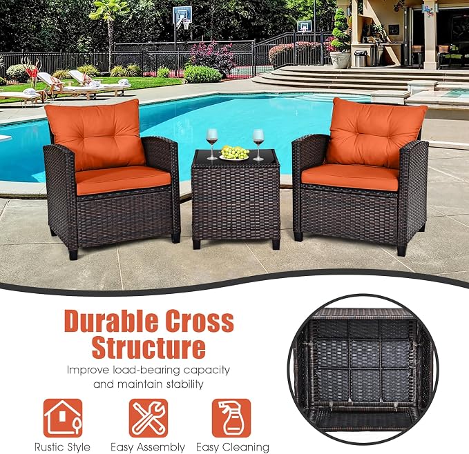 3-Pieces Patio Furniture Set, PE Wicker Chairs Sofa Set with Removable Cushions & Glass Top Side Table, Outdoor Wicker Rattan Conversation Chair for Porch,Backyard, Balcony (Orange)