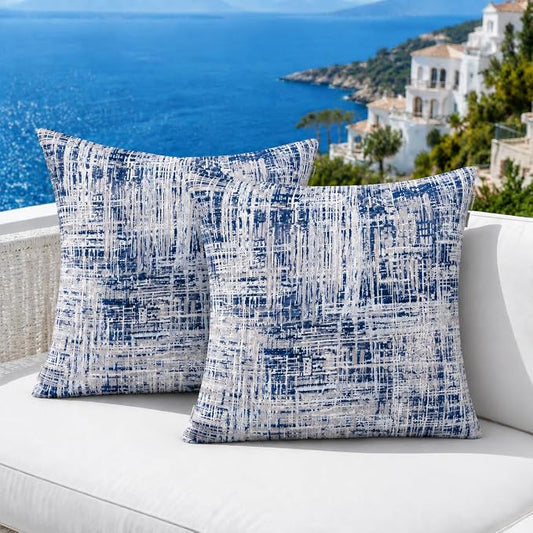 Outdoor Pillow Covers Waterproof Throw Pillow Covers, Set of 2 Jacquard Texture Water Resistant Fade Resistant Decorative Cushion Covers for Garden Patio Bench Couch Sofa, 18x18 Inch (Blue Grid)