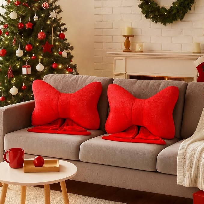 Novabright 2 Pack Christmas Red Bow Pillows Soft Cute Decorative Throw Pillows Aesthetic Home Decor Bow Shaped Stuffed Christmas Decoration for Bedroom Sofa Couch
