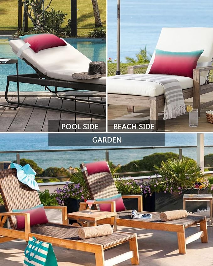 Outdoor Pillows Covers with Inserts Turquoise Rose Red Stripe Gradient Waterproof Recliner Pillow with Adjustable Strap Throw Pillows for Patio Furniture Pool Lounge Chair, 12x20 inch, 2PCS