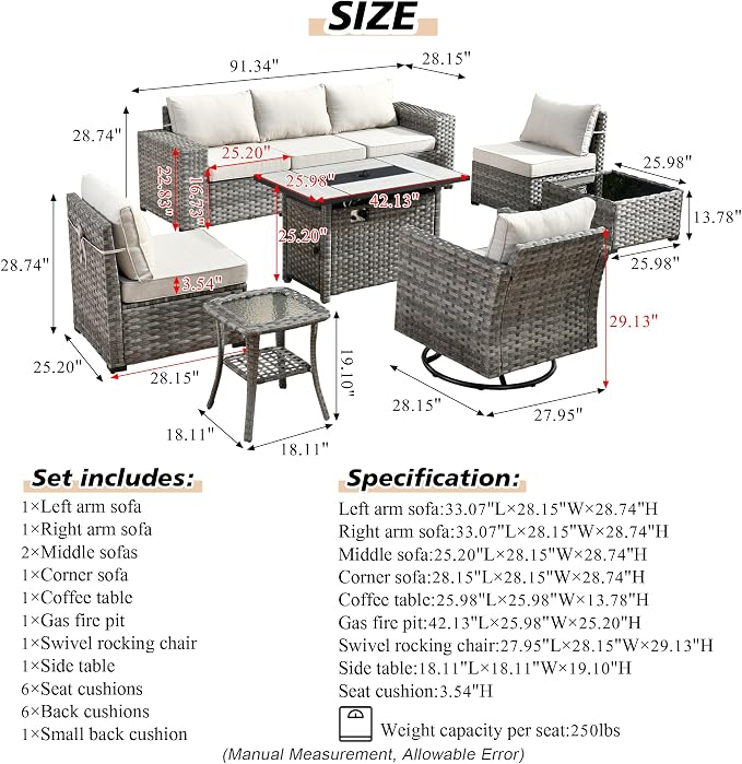HOOOWOOO Outdoor Patio Sectional Furniture Sofa Set with Large Fire Pit Table,9 Piece Modern Wicker Couch with Swivel Chair,Modular Conversation Seating Set with Widened Armrest(Beige Tan)