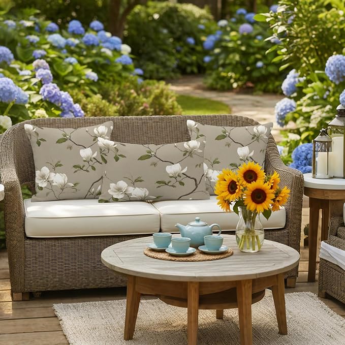 Vintage Floral Outdoor Pillow Covers 20"x20" Set of 2, Magnolia Flowers Branches Rustic Botanical Brown Waterproof Throw Pillow Covers for Patio Furniture, Decorative Cushion Covers for Porch