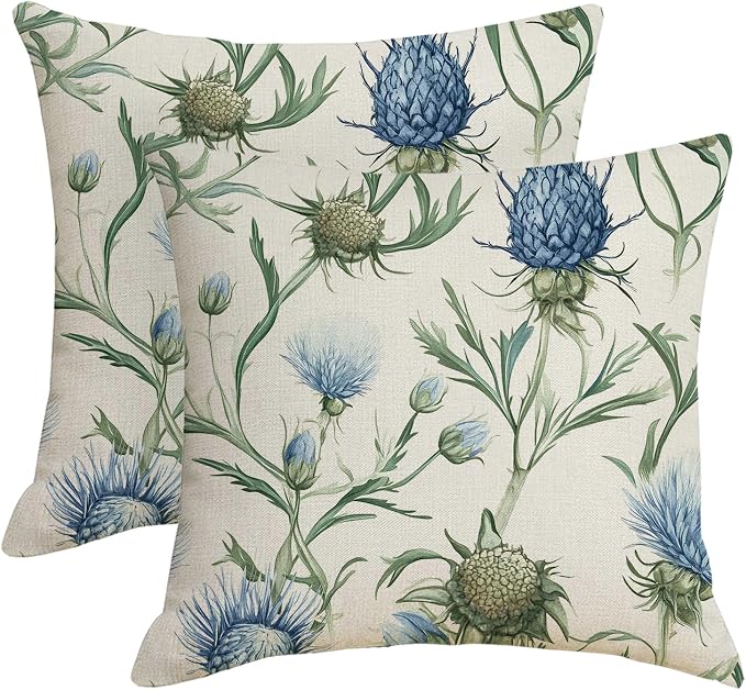 Outdoor Waterproof Throw Pillow Covers 18x18 inch Set of 2 Blue Thistle Floral Pillow Cases Flower Decorative Cushion Covers for Patio Garden Tent