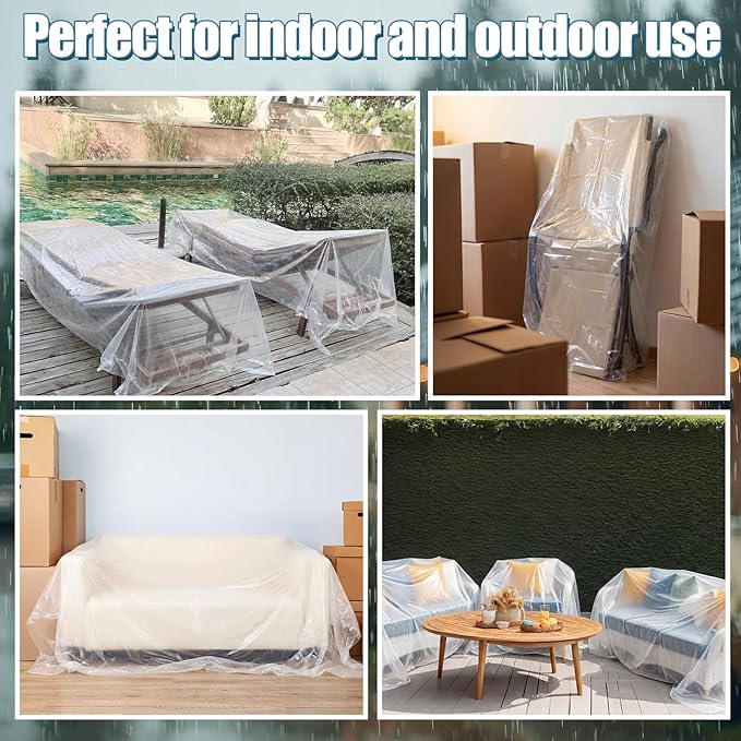 Windyun 4 Pack Patio Chaise Lounge Cover for Furniture, Outdoor Waterproof Loveseat Bench Cover, Clear Plastic Couch Chair Slipcovers Dustproof for Sofa Moving Storage Protector