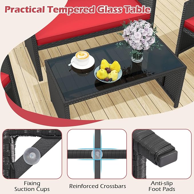 RELAX4LIFE 8-Piece Patio Furniture Set - Wicker Rattan Outdoor Sectional Sofa Set w/Glass Coffee Table, Loveseat, Chairs & Soft Cushions, Bistro Conversation for Garden Porch (2, Black-Red)