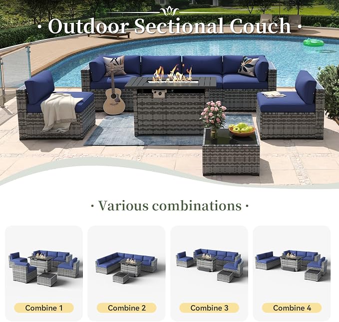 Aoxun 8 Piece Patio Furniture Set with 44” Fire Pit Table Paito Conversation Set Wicker Rattan Outdoor Sectional Sofa Set with Thickened Cushions (Grey/Blue)
