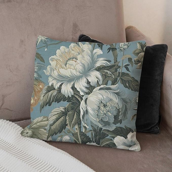 Spa On Flax Blue Chinoiserie Cushion Cases Grey Peony Asian Throw Pillow Cover Modern Square Couch Sofa Cushion Covers for Outside Couch Chair Patio 26x26 in