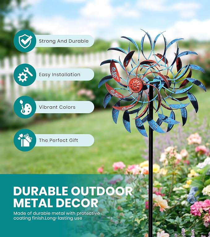 4 Layer Wind Spinner Metal Vine Scroll Kinetic Garden Yard Art Decor | Hand-Crafted Art, 4-layer vine scroll metal spinner, Whisper-quiet dual rotation, Adjustable height stake
