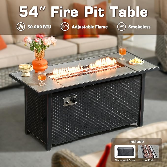 8-Piece Outdoor Patio Furniture Set with Fire Pit Table,All Weather Wicker Rattan Patio Seating Sofa and Chair Set with Ottomans,Outdoor Conversation Sets w/ 3 Seater Couch for Porch Deck Yard,Beige