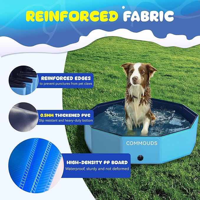 COMMOUDS Extra Large Foldable Dog Pool, Hard Plastic Dog Kiddie Swimming Pool, Collapsible Pet Bath Tub Wading Pools for Kids and Puppy Small Medium Large Dogs(71inch.D x 12inch.H)
