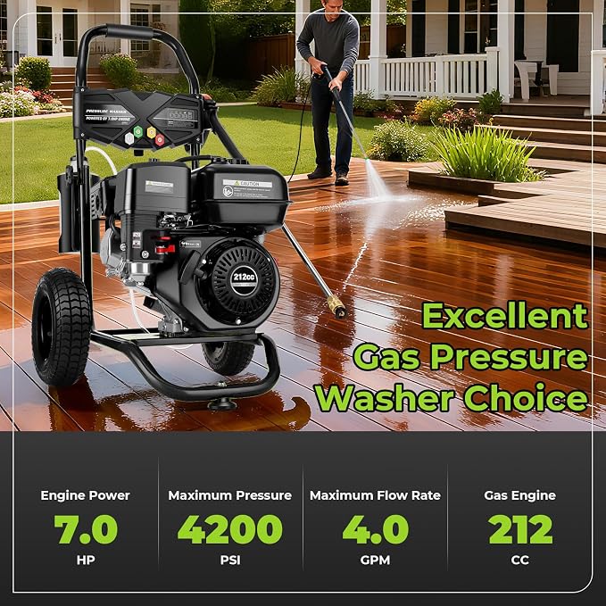 Professional 4200PSI 4GPM 212CC Gas Pressure Washer, 9" Wheels 7.0 HP Commercial Gas Power Washer with 1L Foam Bottle 5 Nozzles 25FT Hose for Home Car Fence Driveway (EPA/CARB/ETL Compliant), Black