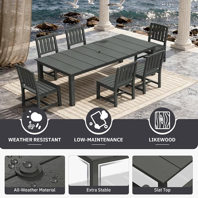 AreShark 5-Piece Outdoor Dining Set,HDPE Patio Table with 4 Armless Chairs,All-Weather Patio Furniture Set with Umbrella Hole,Low Maintenance Wood Grain Dining Set for Backyard,Garden,Poolside,White