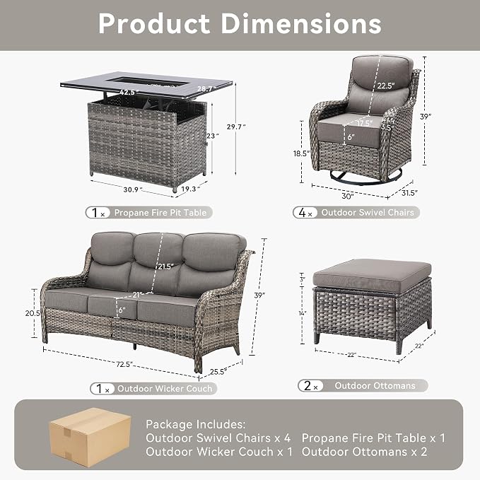 Luxury Patio Furniture Set with Fire Pit Table-8 Pieces All Weather Outdoor Swivel Rocker Chairs with Sofa and Ottomans. Outdoors Patio Conversation Sets for Porch Deck Garden Backyard(Grey/Grey)