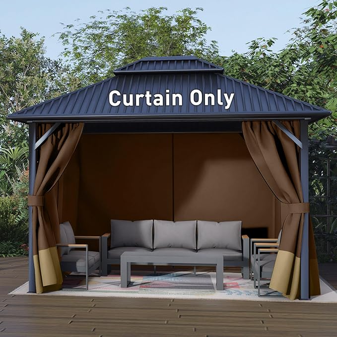 Aoodor 12x12 ft Outdoor Gazebo Curtains, 4 Panels Waterproof Privacy Sidewall Replacement with Zipper for Patio Pergola and Canopy, Brown and Khaki
