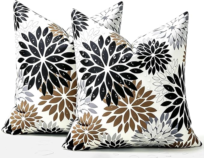 Outdoor Waterproof Throw Pillow Cases Pack of 2 Dahlia Flowers Throw Pillow Covers 18×18 Black and Brown Decorative Spring Summer Cushion Covers for Garden Patio Living Room Couch