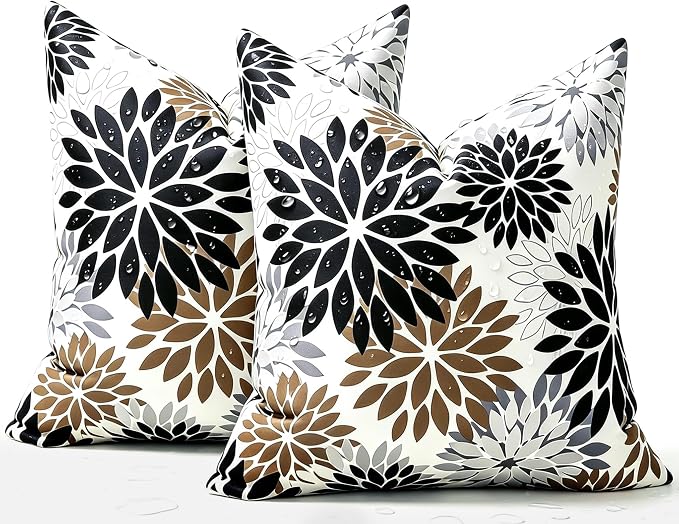 Pack of 2 Dahlia Outdoor Waterproof Throw Throw Pillow Cases 20×20 Black and Brown Throw Pillow Cases Spring Summer Decorative Cushion Covers for Couch Bench Furniture Patio Garden
